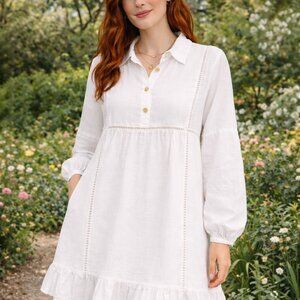 LUMIÈRE White Button Front Babydoll Tunic Dress | Long Sleeve